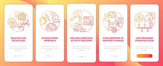 BPA challenges red gradient onboarding mobile app screen Walkthrough 5 steps graphic instructions pages with linear concepts UI UX GUI template Myriad ProBold Regular fonts used