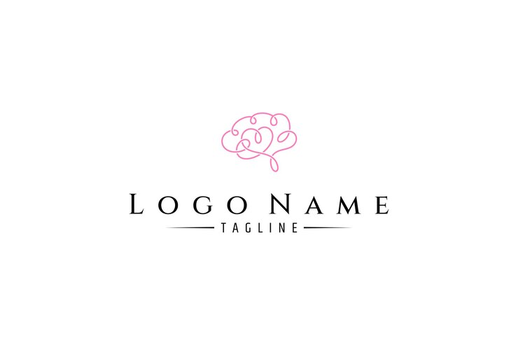 brain logo with love symbol in pink line art design style