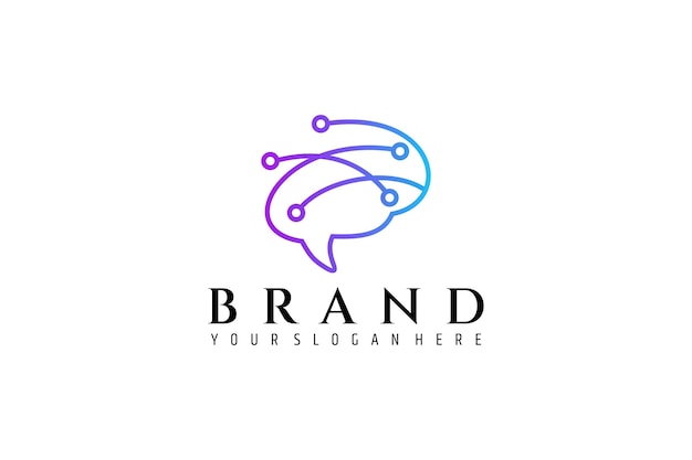 brain logo with technology combination in color gradient line art design style