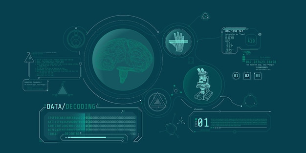 Brain research futuristic interface screen with data decoding