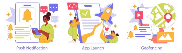 Branded app set engaging users with push notifications celebrating a new app launch and exploring