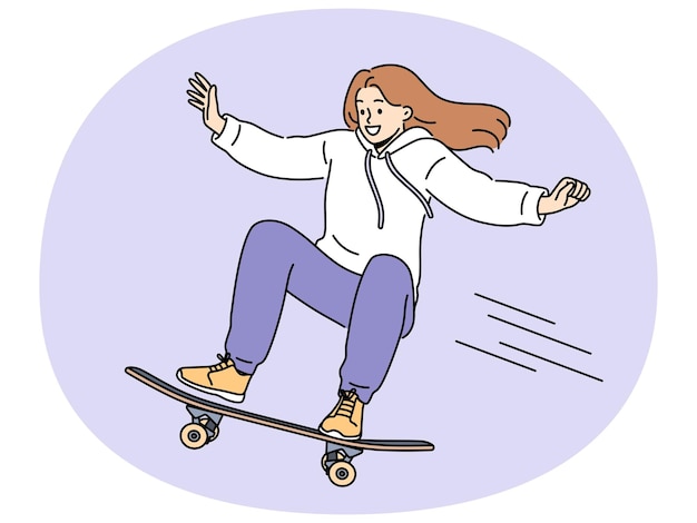 Brave girl skateboarder makes aerial stunt by bouncing on professional ramp in skatepark
