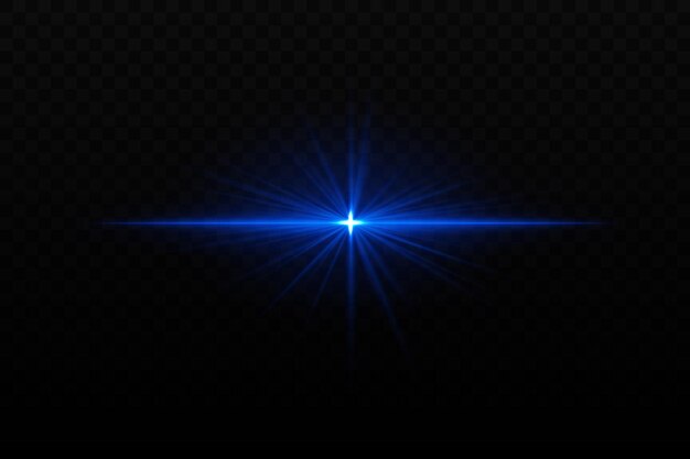 Bright blue light burst with starlike rays and horizontal beam Scifi glare effect creating a glowing focal point on dark background