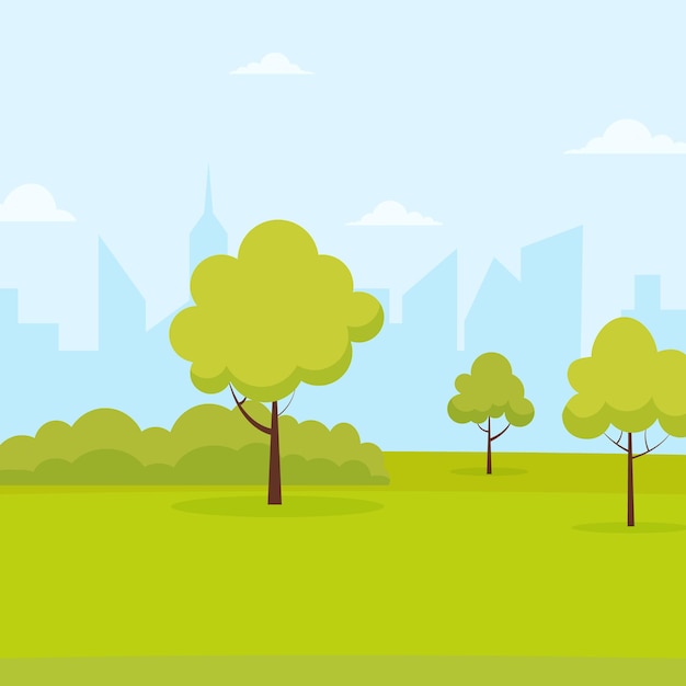 Bright green park landscape in a city skyline during a sunny day