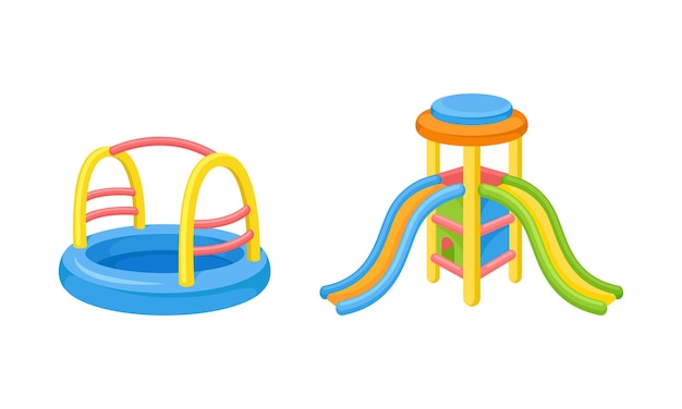 Bright Inflatable Slide and Pond with Smooth Surface on Playground Vector Set