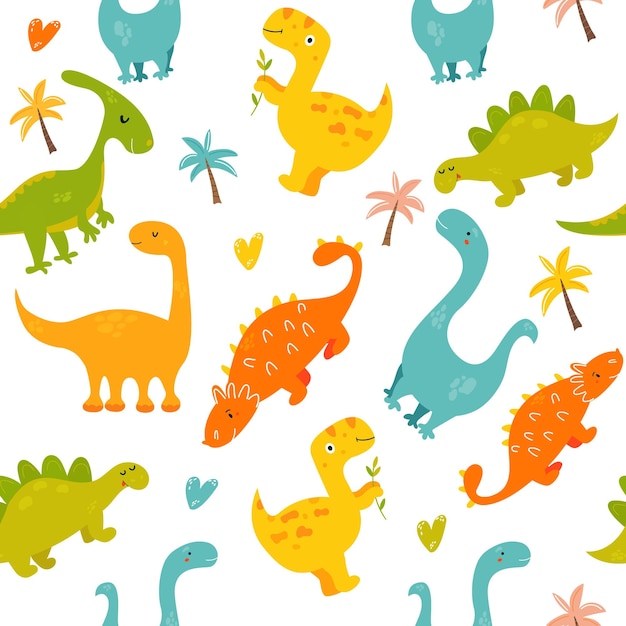 Bright seamless pattern with cute dinosaurs of different species Diplodocus stegosaurus parasaurolophus trex ankylosaurus