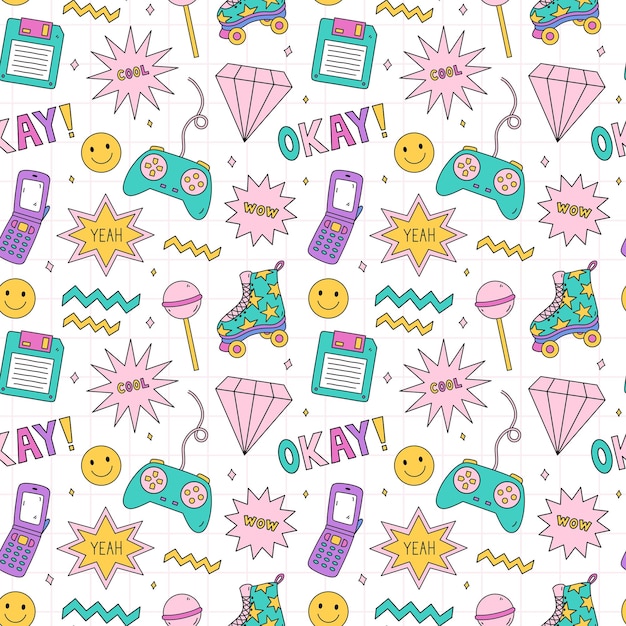 Bright seamless pattern with items from the nineties Nostalgia for the 1990s