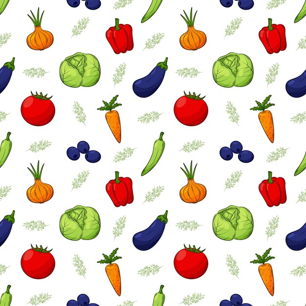 Bright summer seamless pattern with different vegetables and herbs Natural vegetables products fresh food with an outline in a handdrawn style Color vector illustration on a white background