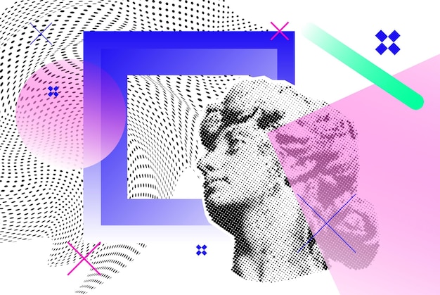 Bright vector collage with old sculpture of a woman's head universal graphic Elements Geometric Shapes Dotted Halftone Objects for your design