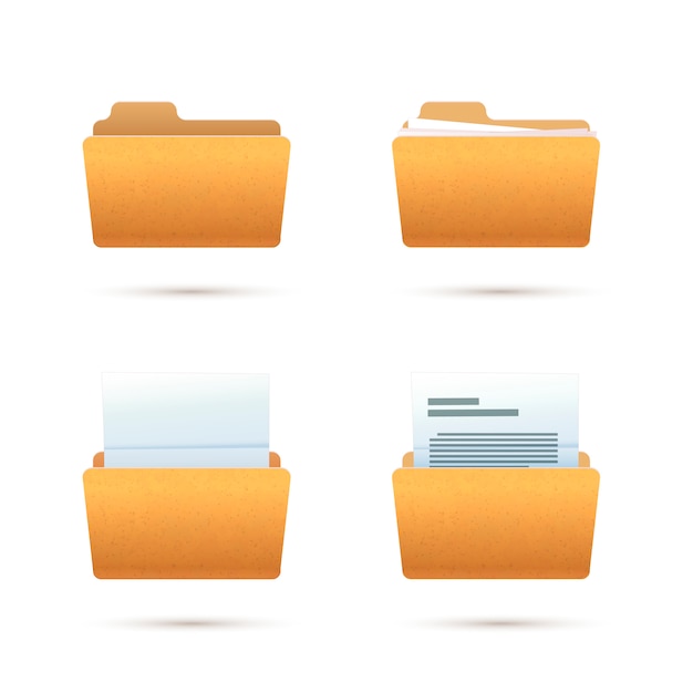 Bright yellow realistic folder icons with documents  on white