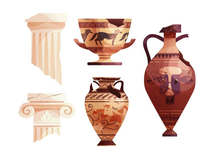 Vektör broken ancient vases and greek columns ancient roman pillar ceramic archaeological pot