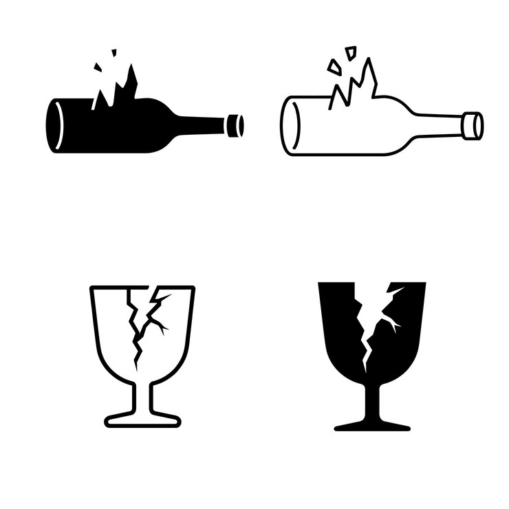 Broken Glass and Shattered Bottle Icon Set Safety Hazard Symbols in Black and White Vector