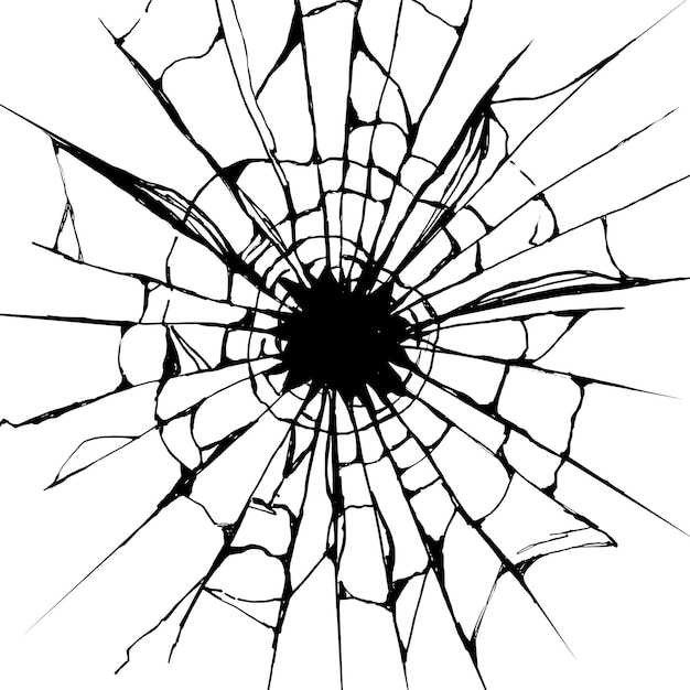 Broken glass from impact with black hole in the middle .