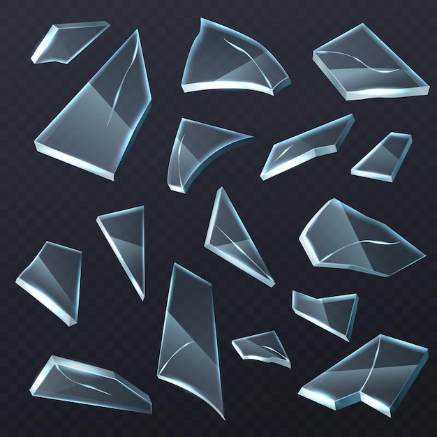 Broken glass shards Realistic transparent different shapes pieces 3D crashed fragments with cracks Shattered window debris collection Vector damaged mirror triangular particles set