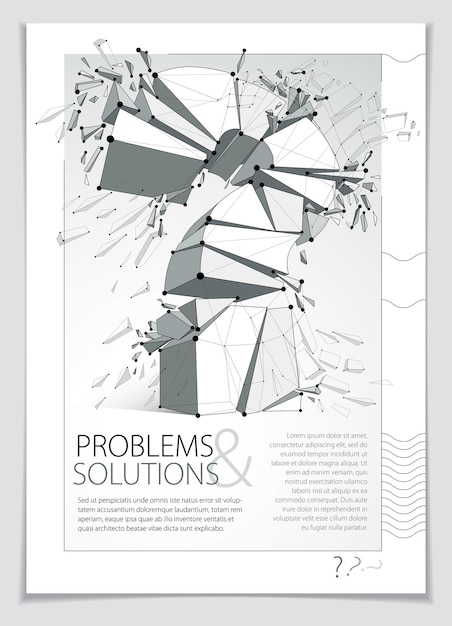 Broken Question Mark exploding brochure or flyer design, Query breaking to pieces, vector 3d realistic illustration. Special character conceptual symbol, doubt, difficulty, FAQ and support concept.
