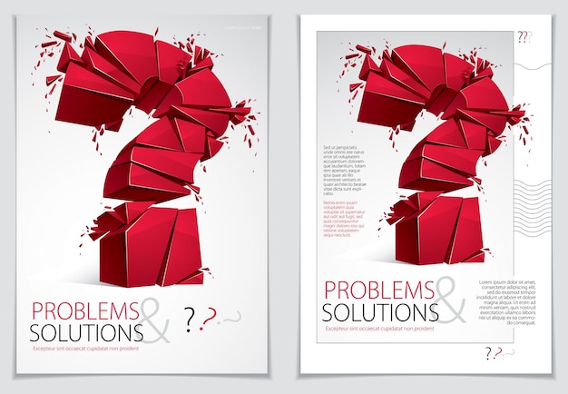 Broken Question Mark exploding brochure or flyer design, Query breaking to pieces, vector 3d realistic illustration. Special character conceptual symbol, doubt, difficulty, FAQ and support concept.
