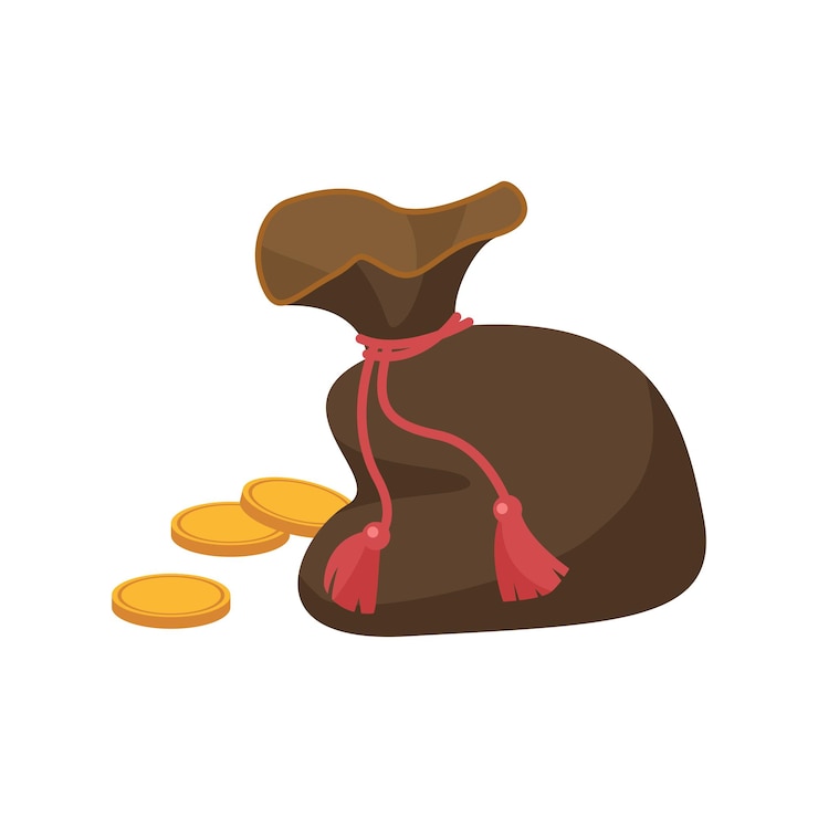 Vektör brown bag of gold coins tied with red rope with tassels fortune telling fee