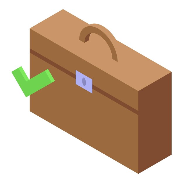 Brown briefcase is closed and has a green check mark next to it