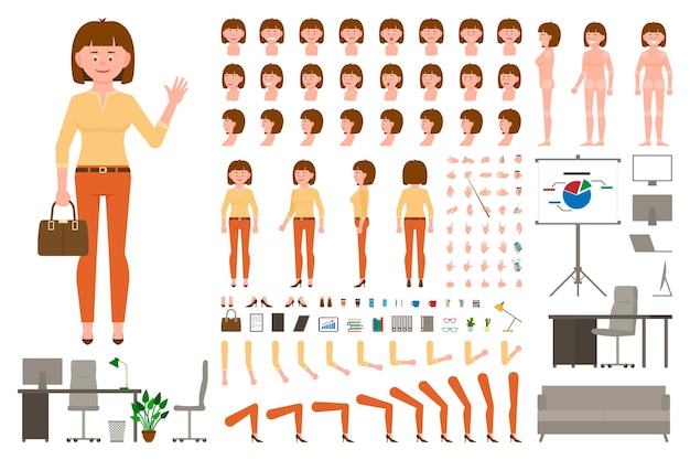 Brown hair office worker cartoon character body parts creation set