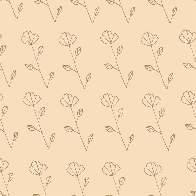brown handdrawn flowers with leaves on a beige