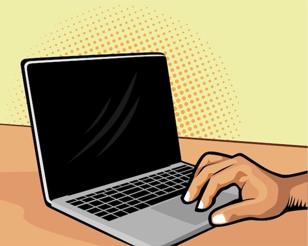 browsing on  laptop with one hand in retro pop art style