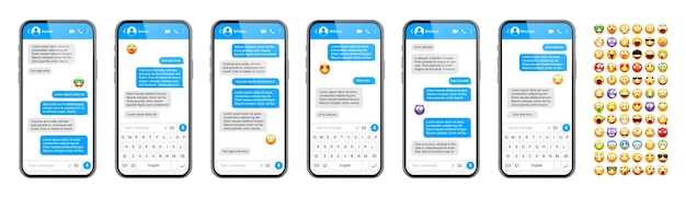 Brugerfladedesign til smartphonebesked-app med emoji-sms-tekstrammechatskærm med blå