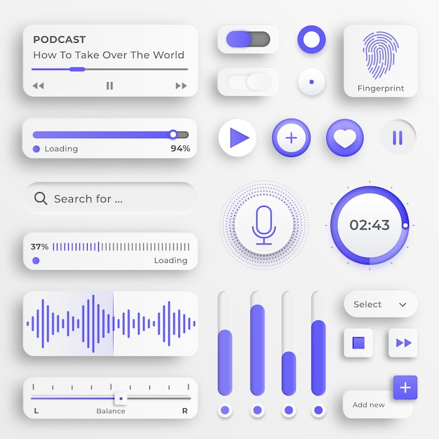 Brugergrænsefladeelementer. Slidere til websteder, mobilmenu, navigation og apps. Hvide webknapper og ui-slidere. Interface til video- og musikkontrol.