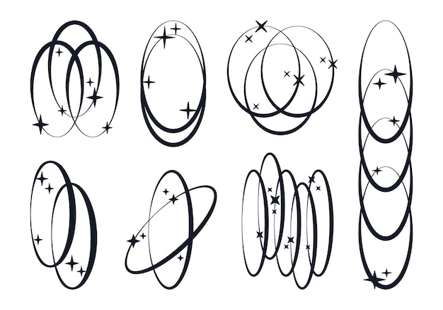 Brutalism graphic frames Abstract y2k oval frames brutalist old school shapes with stars and sparkles flat vector illustration set Y2K ellipse frames