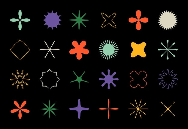 Brutalism stars Minimalistic geometric flowers with petals and stats Contemporary forms Isolated floral elements silhouettes Abstract contour crosses Vector graphic shapes set