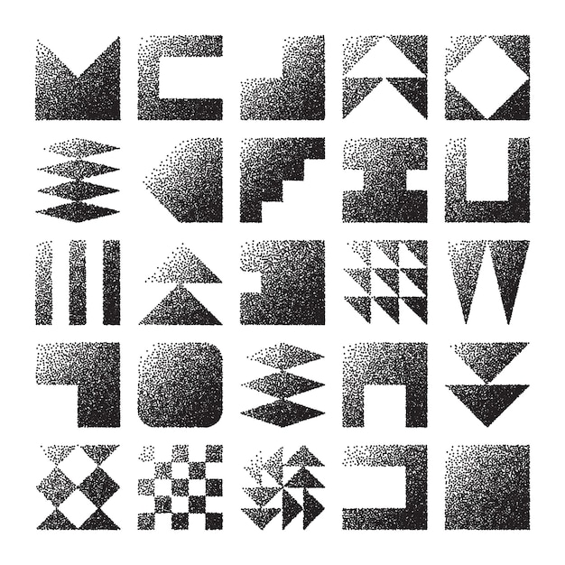 Brutalist geometric shapes dotted objects stipple elements modern symbols simple primitive forms