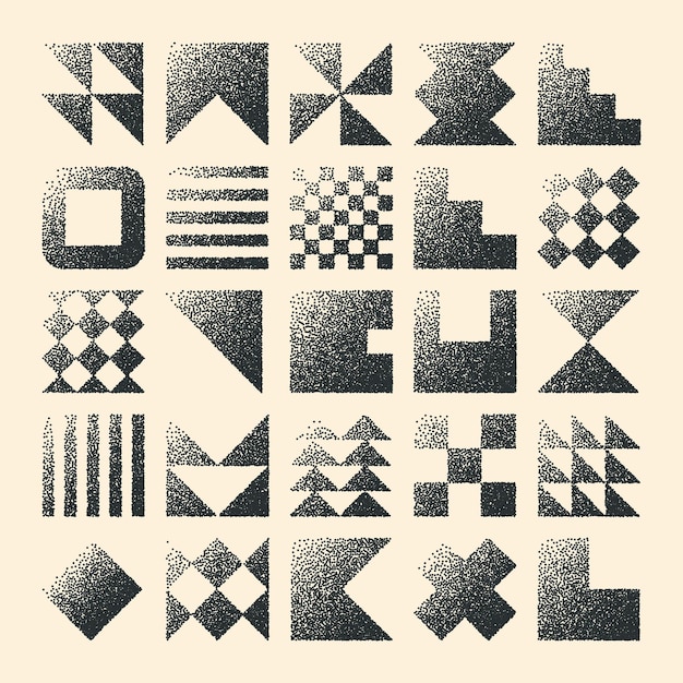 Brutalist geometric shapes dotted objects stipple elements modern symbols simple primitive forms