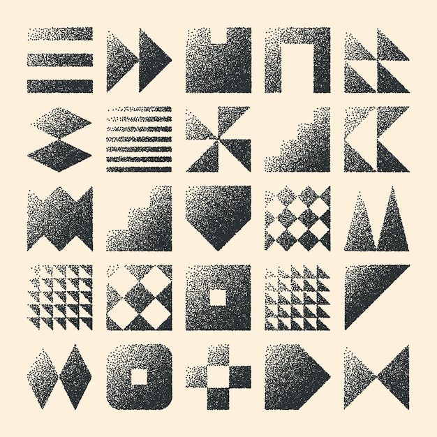 Brutalist geometric shapes dotted objects stipple elements modern symbols simple primitive forms