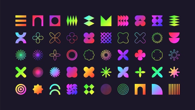 Brutalist geometric shapes modern symbols colorful neon simple primitive elements and forms retro