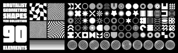 Brutalist geometric shapes modern symbols groovy checkered pattern distorted tiled grid simple