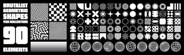 Brutalist geometric shapes modern symbols groovy checkered pattern distorted tiled grid simple
