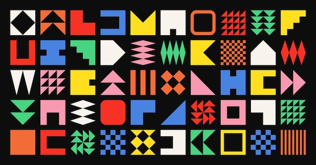 Brütalist geometrik şekiller, renkli semboller, basit ilkel öğeler ve formlar bauhaus retro tasarım