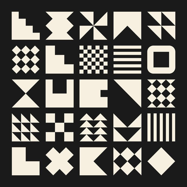 Brütalist geometrik şekiller, renkli semboller, basit ilkel öğeler ve formlar bauhaus retro tasarım
