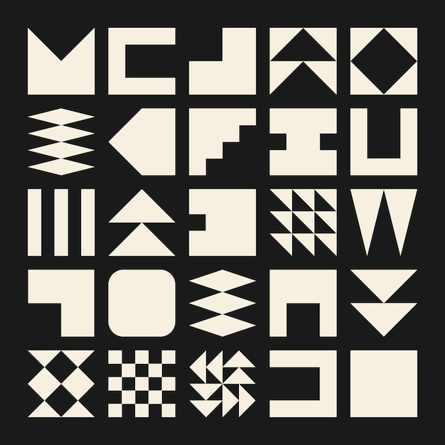 Brütalist geometrik şekiller, renkli semboller, basit ilkel öğeler ve formlar bauhaus retro tasarım