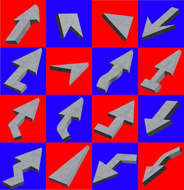 Brutalist sticker set with gray arrows on a vibrant red and blue background