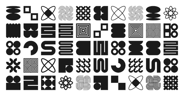 Brutalistiska geometriska former, symboler, enkla primitiva element och former, retrodesign trendigt