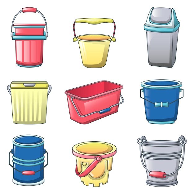 bucket types container icons set