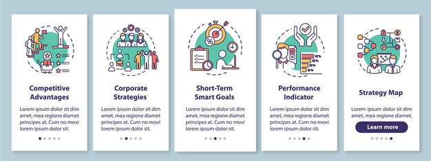 Building company onboarding mobile app page screen with concepts. Smart goal. Entrepreneurship walkthrough 5 steps graphic instructions. UI vector template with RGB color illustrations
