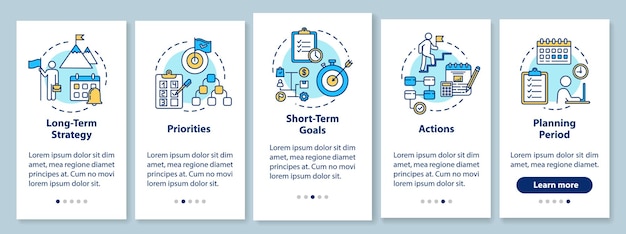 Building goals onboarding mobile app page screen with concepts. Business planning. Self-development walkthrough 5 steps graphic instructions. UI vector template with RGB color illustrations
