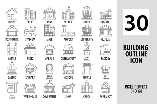 Building icon set outline icon pixel perfect for web and mobile app