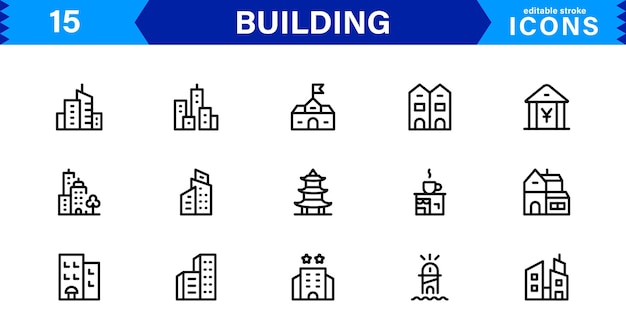 Building Icon Set Representing Construction Architecture Tools Blueprints and Urban Development in Simple DownloadReady Vector Format