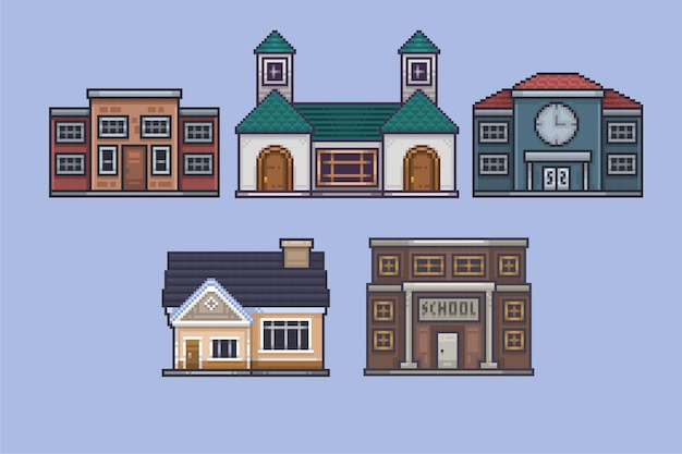 building town collection set in pixel art style