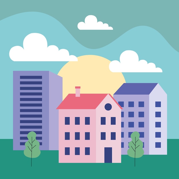 Buildings and pines with sun