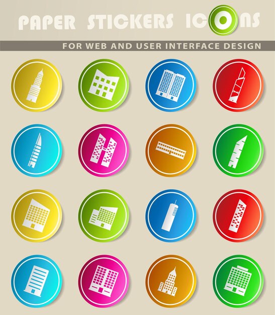 Buildings vector icons on colored paper stickers