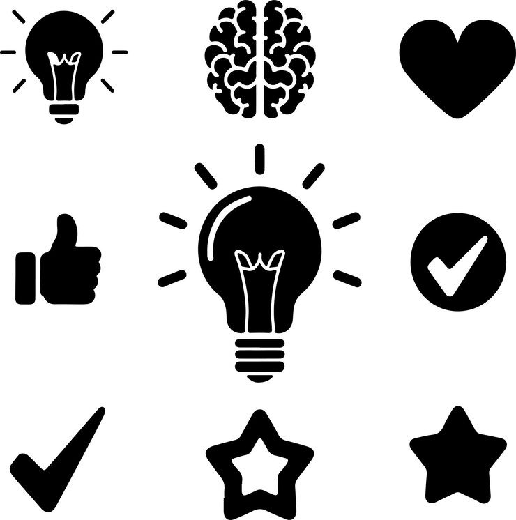 Bulb Icons camera icon microphone glph icon Human brain icon Heart Icon Mobile phone icon