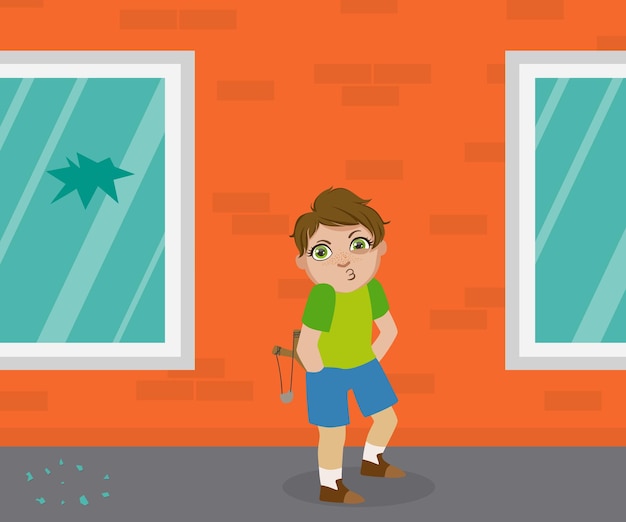 Bully boy with slingshot standing in front of crashed window hoodlum kid bad behavior vector